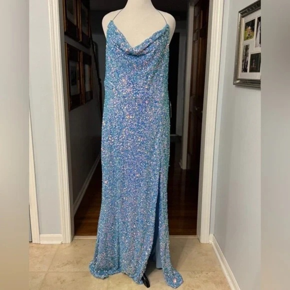 B Darlin Plus Blue Iridescent Pink Sequin Evening Gown Dress Formal 21 W NWT